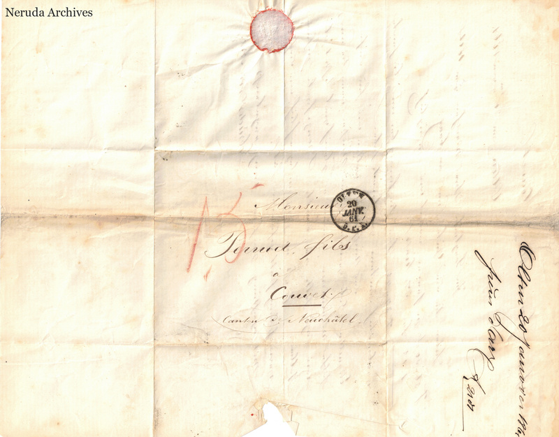 NRA-L-000115 image 1 showing the folded address panel to Pernod fils in Couvet with a circular postmark, receiver docketing, seal remnant and a torn lower edge.