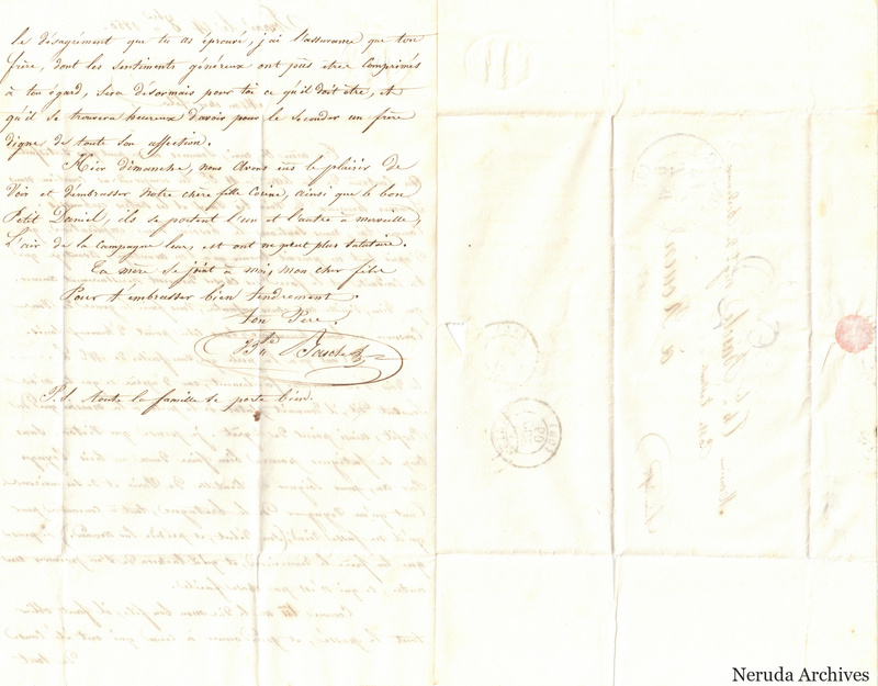 NRA-L-000422 image 3 showing the continuation and signature of the handwritten French family letter on an unfolded sheet whose right half repeats the address panel shown in image 1.