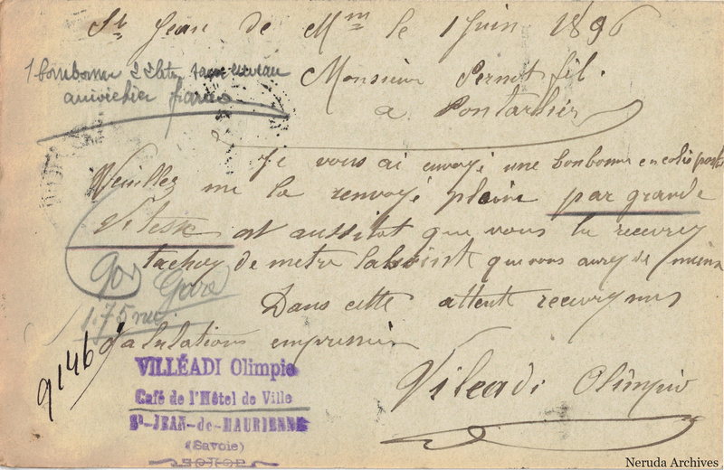 NRA-L-000297 image 2 showing the handwritten message from Olimpio Villéadi to Pernod Fils, with contemporary annotations and the sender's signature or business mark.