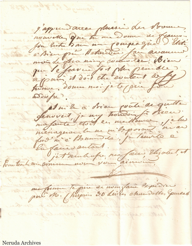 NRA-L-000531 image 3 showing a handwritten French letter continuation with closing, signature, later notes, folds and paper edges.