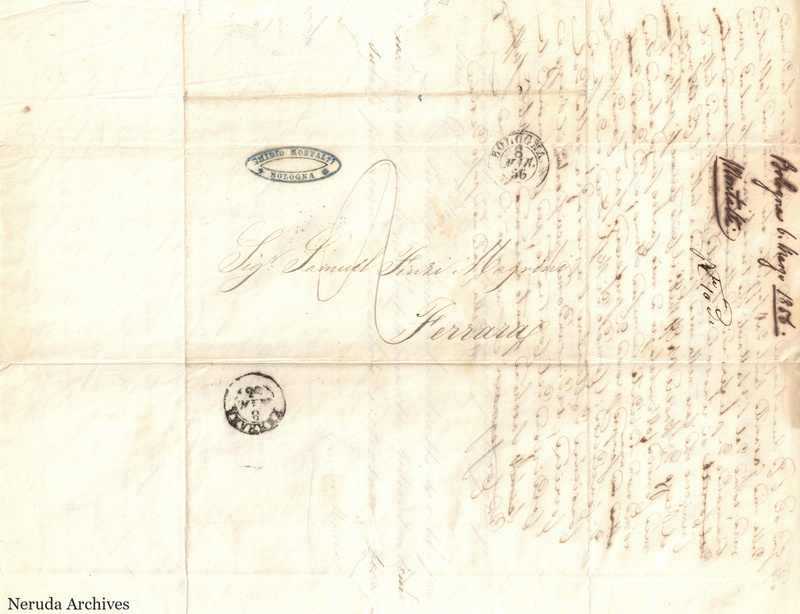 NRA-L-000742 image 1 showing the folded delivery address to Samuel Finzi Magrini in Ferrara, with postal marks and a handwritten filing docket.