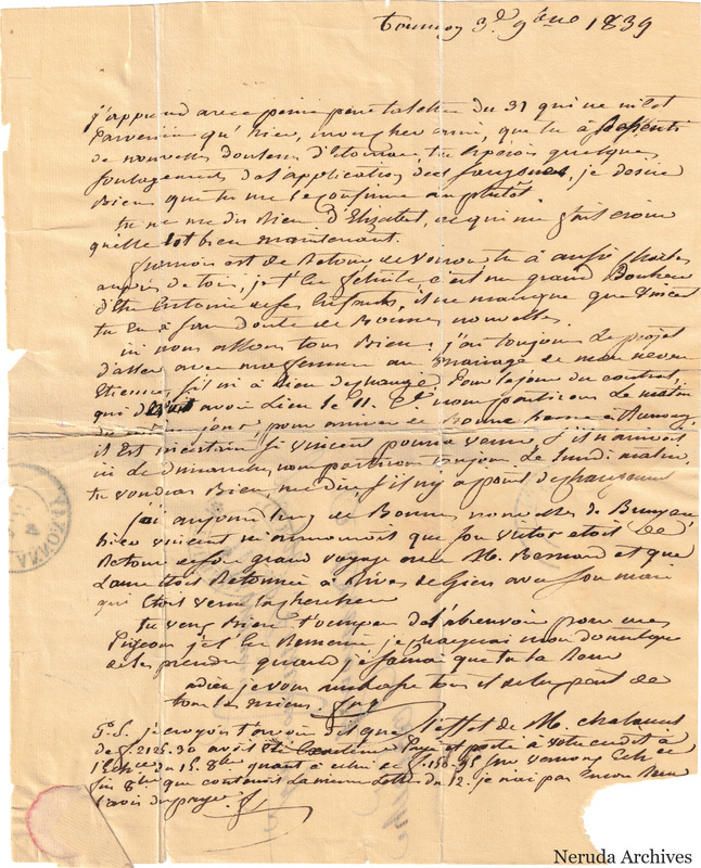 NRA-L-000573 image 2 showing a handwritten French letter with dateline, manuscript text, closing, signature, later notes, folds and paper edges.