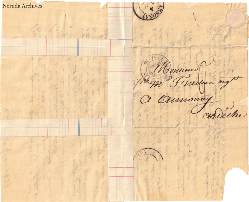 NRA-L-000573 image 1 showing a folded address panel to a Frachon correspondent with postal marks, routing notes, seals, folds and retained annotations.