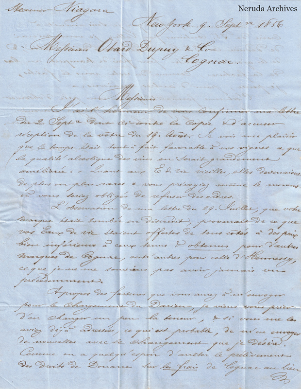 NRA-L-000407 image 2 showing the first page of a handwritten French commercial letter dated in New York and headed Steamer Niagara.
