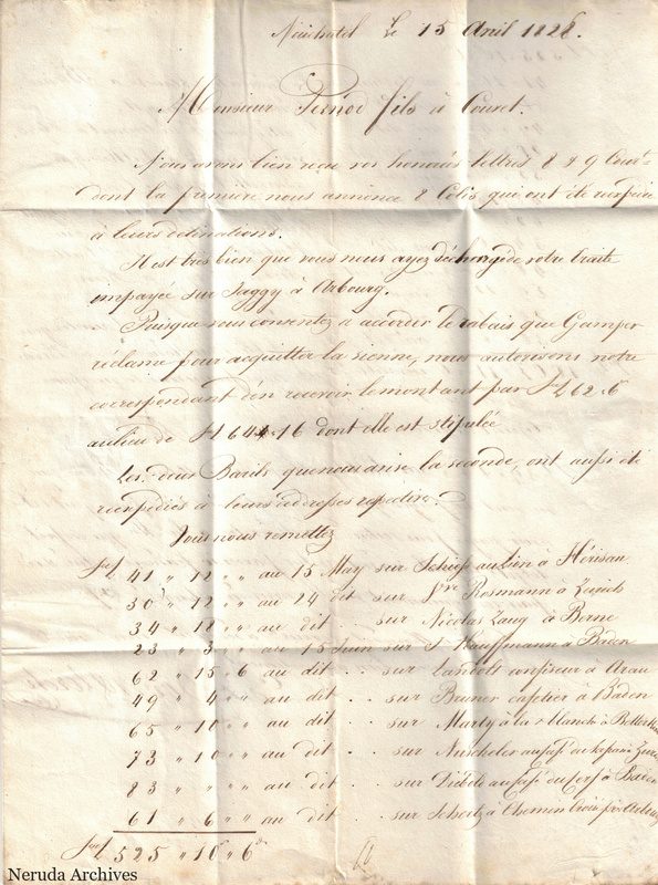 NRA-L-000103 image 2 showing letter text page 1 for letter from Ed. Bovet & Lerch to Pernod fils concerning packages, barrels and remittances, April 15, 1828.