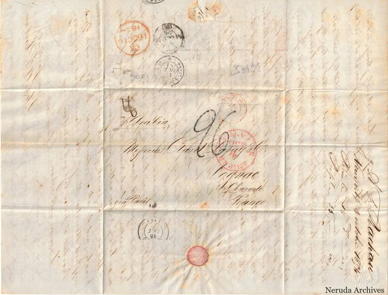 NRA-L-000404 image 1 showing the folded address panel to Otard Dupuy & Co in Cognac, with numerous transatlantic postal marks, a red seal and manuscript docketing.