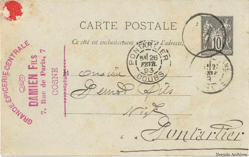 NRA-L-000198 image 1 showing the address side of a postcard sent by Damien Fils to Pernod Fils, with contemporary postal and business marks.