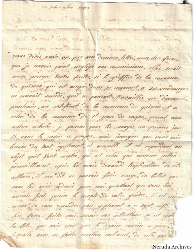 NRA-L-000670 image 2 showing the first page of a French family letter dated September 1793, with paper loss along the lower right edge.
