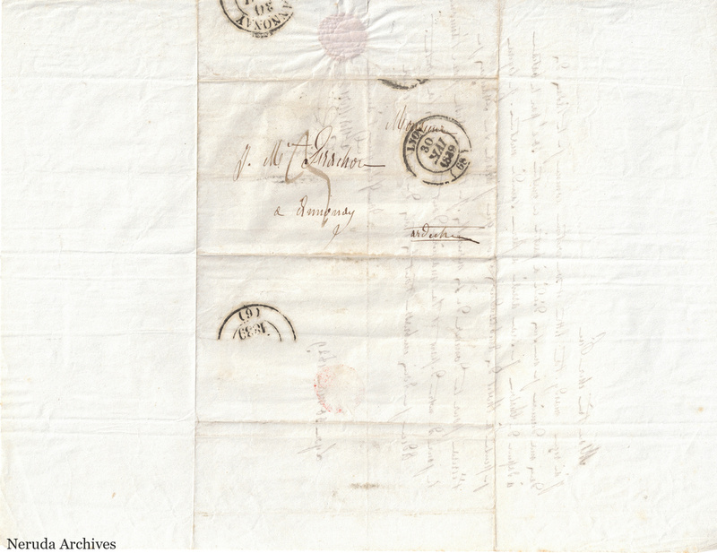 NRA-L-000548 image 1 showing a folded address panel to a Frachon correspondent with postal marks, routing notes, seals, folds and retained annotations.