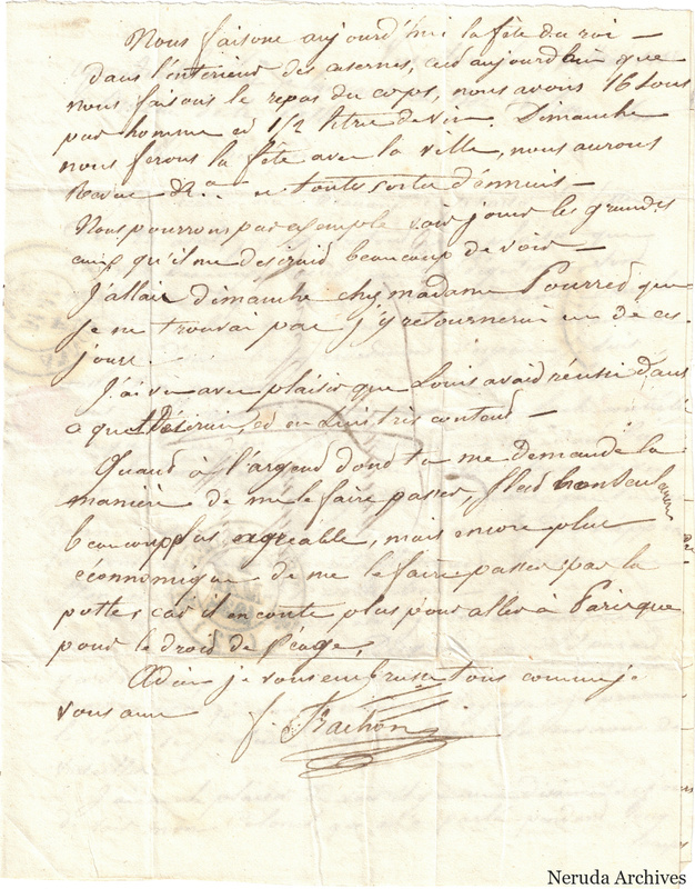 NRA-L-000609 image 4 showing a handwritten French letter continuation with closing, signature, retained marginal or later annotations, visible folds and complete physical paper edges.