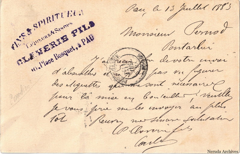 NRA-L-000206 image 2 showing the handwritten message from Claverie Fils to Pernod, with contemporary annotations and the sender's signature or business mark.