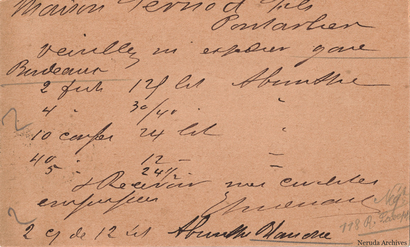 NRA-L-000220 image 2 showing the handwritten message from E. Andouard to Pernod Fils, with contemporary annotations and the sender's signature or business mark.