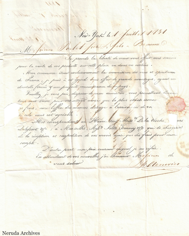 NRA-L-000123 image 2 showing Francis Renevier's handwritten commission letter from New York to Roulet père & fils in Beaune, dated 1 July 1831, with signature, folds, seal remnant and a paper loss.