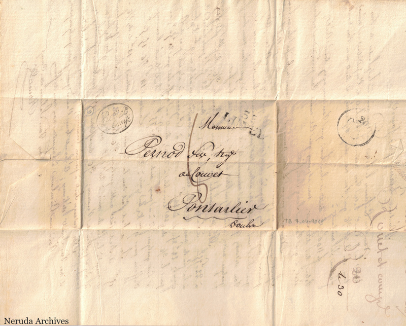 NRA-L-000100 image 1 showing address panel and postal evidence for letter and circular from Roüet & Ce to Pernod fils concerning spirits markets, October 14, 1827.