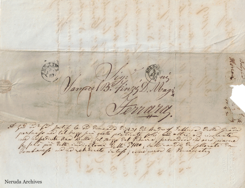 NRA-L-000723 image 1 showing the manuscript address to Samuel Finzi called Magrini in Ferrara, postal marks and docketing, with a recipient reply draft.