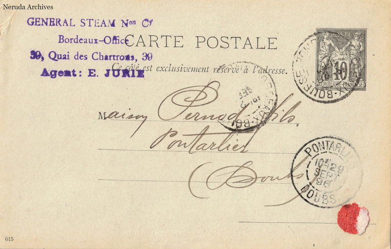 NRA-L-000289 image 1 showing the address side of a postcard sent by E. Jurie to Pernod Fils, with contemporary postal and business marks.