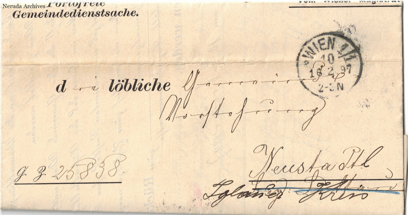 NRA-L-000048 image 1 showing the address panel on a printed official form with a Vienna circular postal mark and handwritten routing.