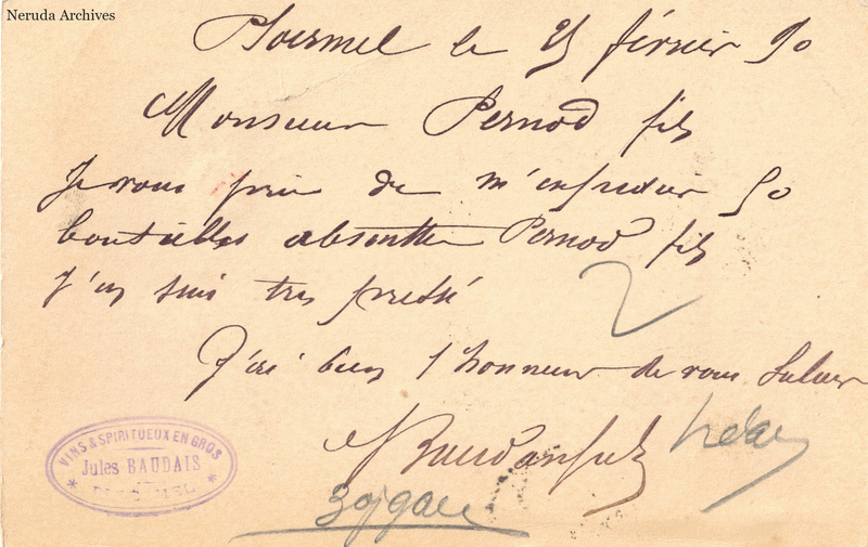 NRA-L-000197 image 2 showing the handwritten message from Jules Baudais to Pernod Fils, with contemporary annotations and the sender's signature or business mark.