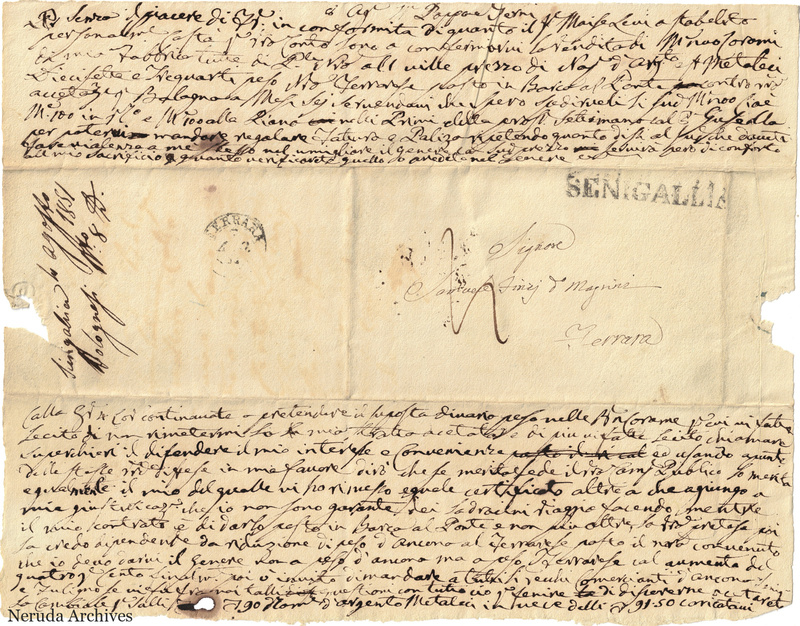 NRA-L-000684 image 1 showing address panel surrounded by the recipient’s handwritten draft reply, with postal marks and edge losses.