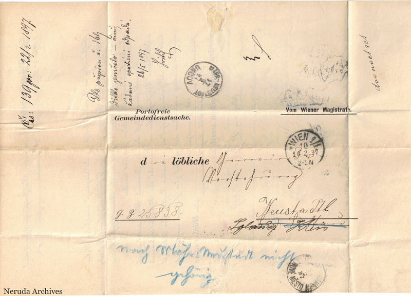 NRA-L-000048 image 7 showing the unfolded postal side with address writing, Vienna marks, printed official wording and later docketing.