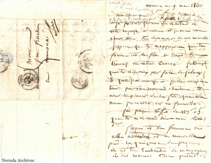 NRA-L-000568 image 1 showing a folded French letter combining manuscript text, address panel, postal marks, seals, folds and retained annotations.
