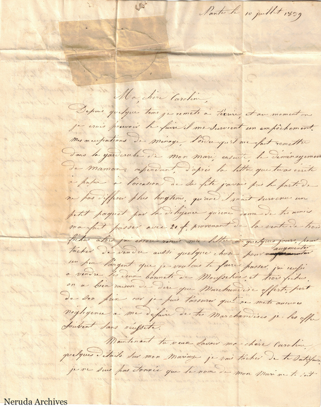 NRA-L-000059 image 2 showing the opening page of a French letter to Caroline, dated 10 July 1839, with historical paper repairs.