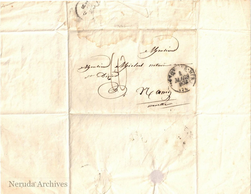 NRA-L-000015 image 1 showing the address panel, postal marks and exterior annotations for Darricau's letter to Monsieur Michel, notary, in Nancy.