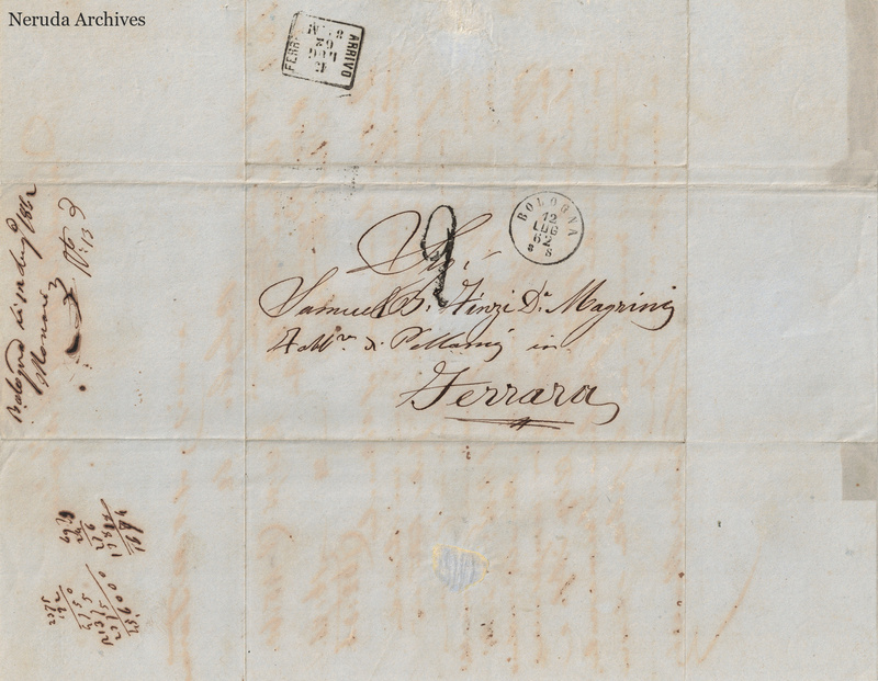 NRA-L-000749 image 1 showing the address to Samuel B.o Finzi D. Magrini in Ferrara, postal marks and the separate filing note.