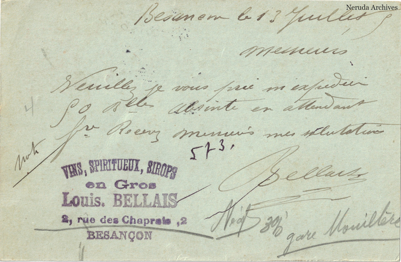 NRA-L-000210 image 2 showing the handwritten message from Louis Bellais to Pernot Fils, with contemporary annotations and the sender's signature or business mark.
