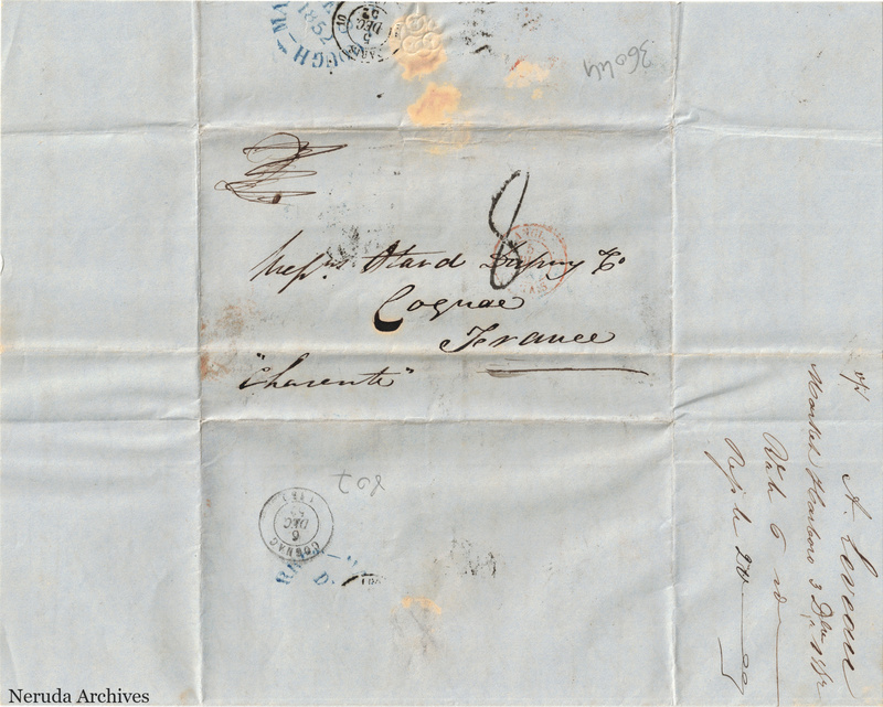 NRA-L-000417 image 1 showing a folded address panel to Otard Dupuy & Co in Cognac, with postal marks and manuscript routing docketing.