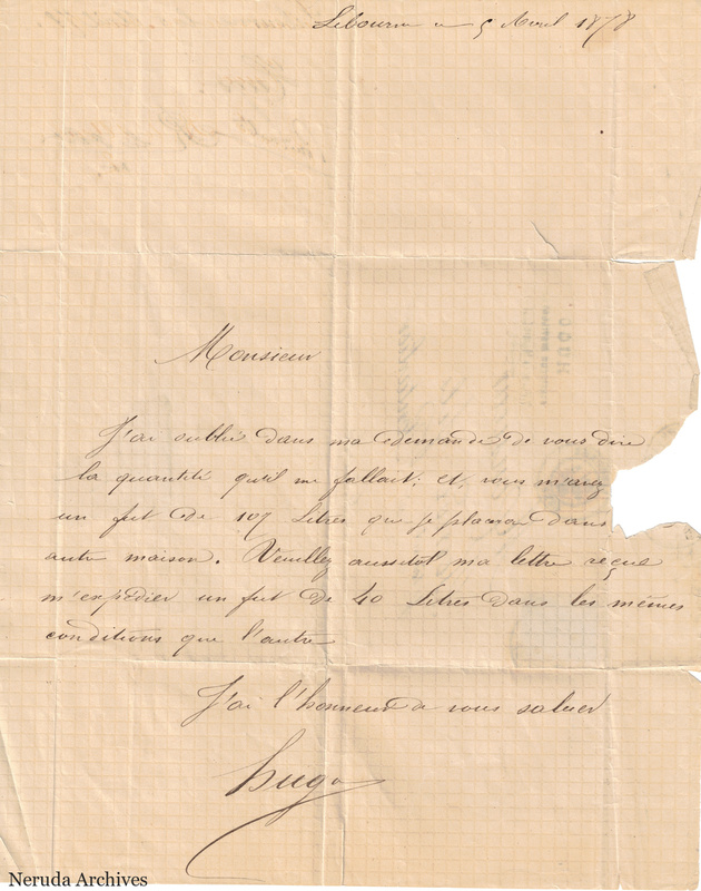 NRA-L-000122 image 2 showing a handwritten letter on graph paper with a dated heading, signature, folds, a large loss at the right edge and an irregular lower-left edge.
