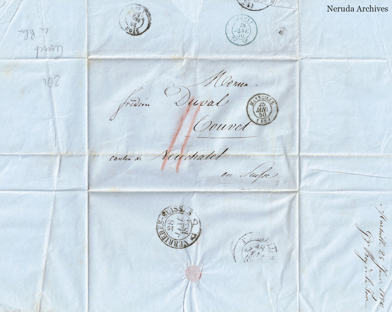 NRA-L-000129 image 1 showing a folded blue-paper address panel to Frédéric Duval in Couvet, Switzerland, with Marseille and Couvet postmarks, manuscript docketing, folds and a seal remnant.