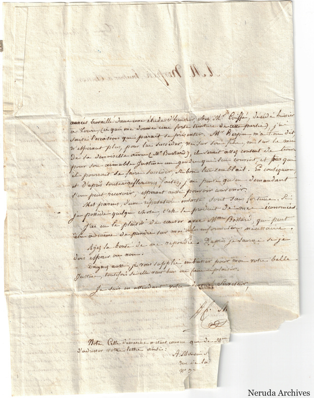 NRA-L-000671 image 3 showing a French handwritten letter on folded, partly damaged paper, text side 2.