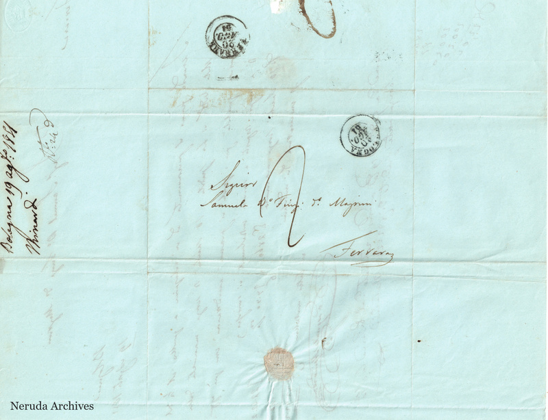 NRA-L-000688 image 1 showing the delivery address, postal evidence and docket of Pasquale Minardi's letter dated 19 August 1851.