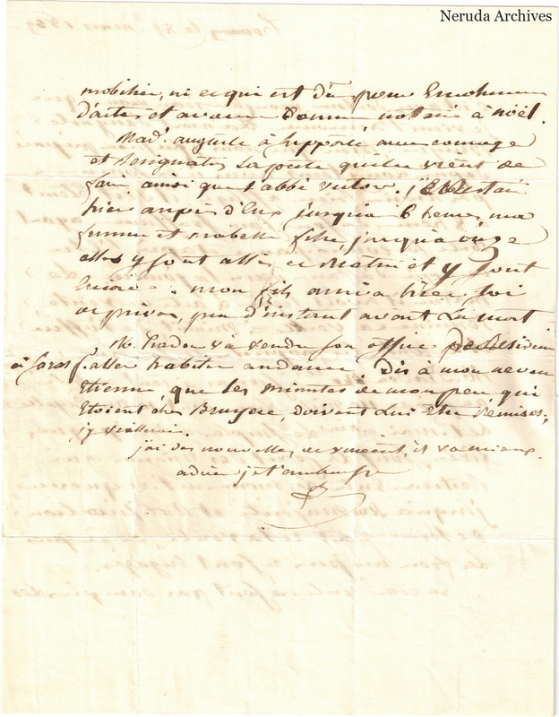 NRA-L-000580 image 3 showing a handwritten French letter continuation with closing, signature, later notes, folds and paper edges.