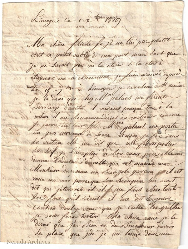 NRA-L-000011 image 2 showing the first page of Christine's letter from Limoges, dated 1 December 1829.