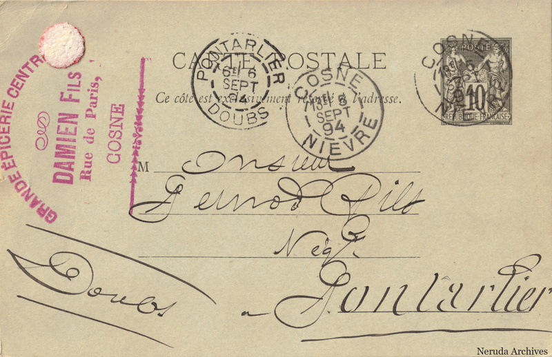 NRA-L-000196 image 1 showing the address side of a postcard sent by Damien Fils to Pernod Fils, with contemporary postal and business marks.