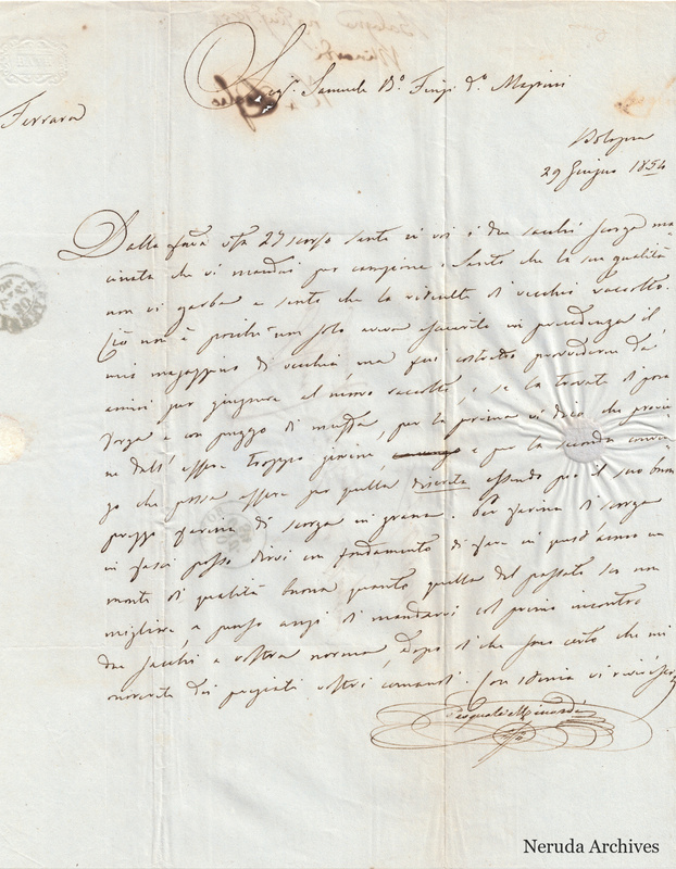 NRA-L-000736 image 2 showing a letter from Pasquale Minardi, dated 1854-06-29 in Bologna, with its original handwritten heading and signature.