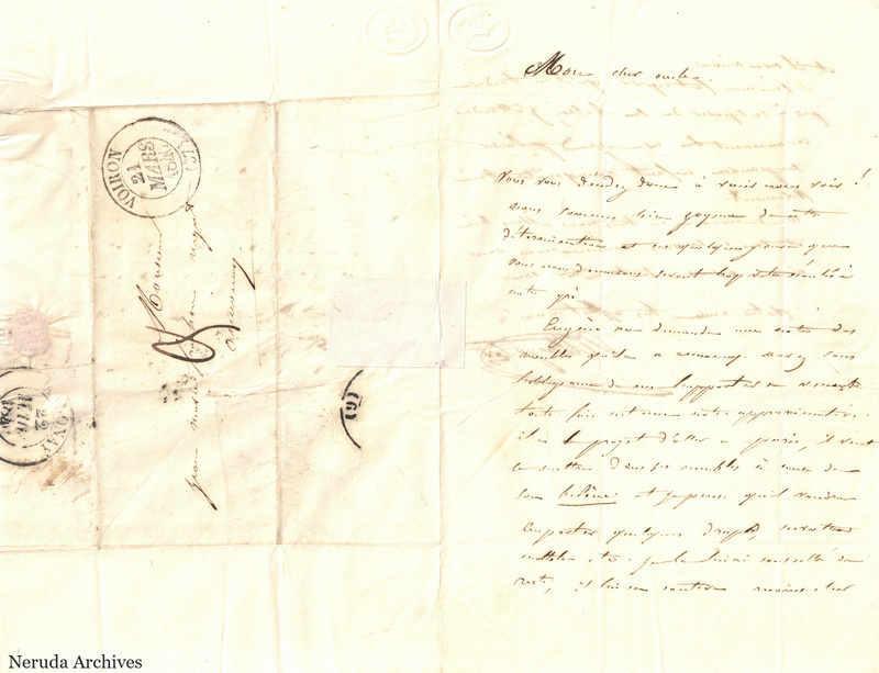 NRA-L-000487 image 1 showing an unfolded sheet with French letter text on the right and an address panel to a Frachon correspondent in Annonay on the left, with circular postal marks, folds and red seal traces.