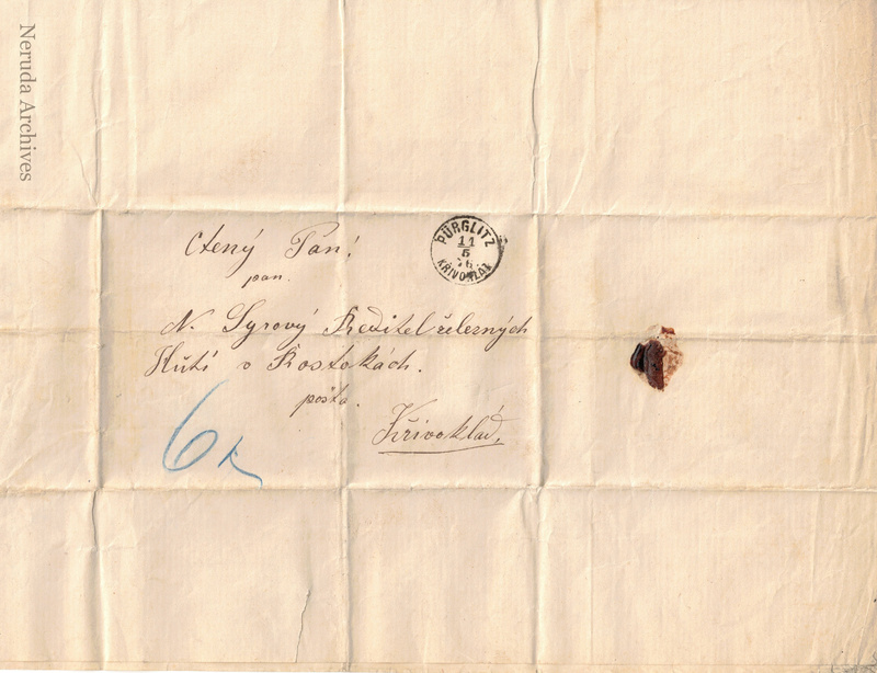 NRA-L-000023 image 1 showing the addressed exterior, postal mark and seal of Marie Šoulová's 1874 letter.