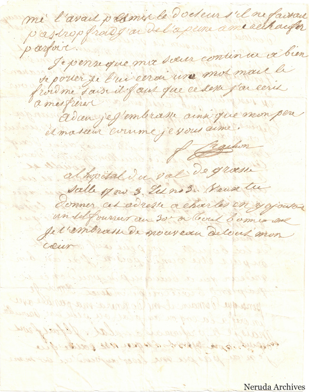 NRA-L-000607 image 4 showing a handwritten French letter continuation with closing, signature, retained marginal or later annotations, visible folds and complete physical paper edges.