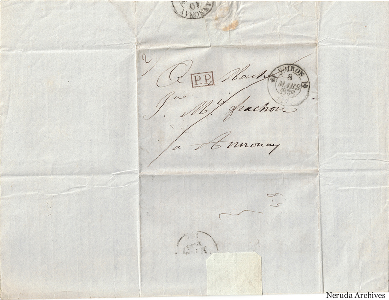 NRA-L-000491 image 1 showing a folded address panel to a Frachon correspondent with circular postal marks, routing notations and visible folds.