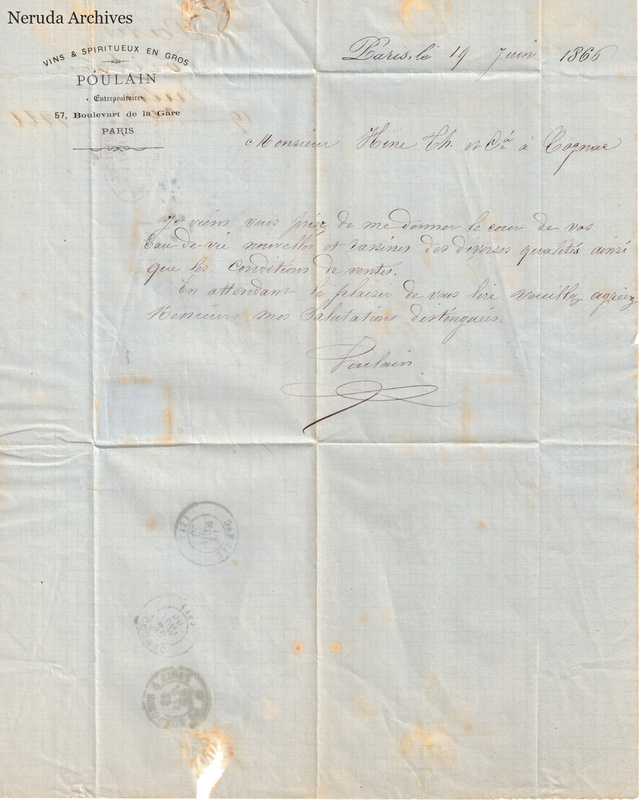 NRA-L-000448 image 2 showing page 1 of the French commercial letter on blue paper, including the closing and signature.