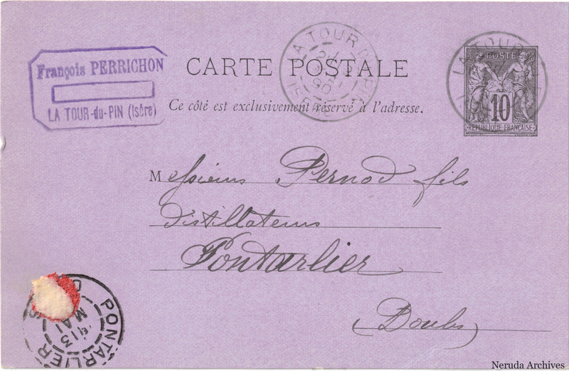 NRA-L-000348 image 1 showing the address side of a postcard sent by François Perrichon to Pernod Fils, with contemporary postal and business marks.