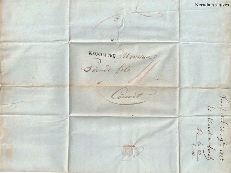 NRA-L-000082 image 1 showing the folded address panel to Pernod fils in Couvet with a Neuchatel mark, red rate notation and manuscript docketing.
