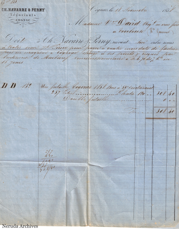 NRA-L-000156 image 2 showing a French invoice and account statement from Ch. Navarre and Perny at Cognac, dated 18 November 1858 and addressed to Madame, widow David, with itemized cognac entries, totals, manuscript calculations and fold lines.
