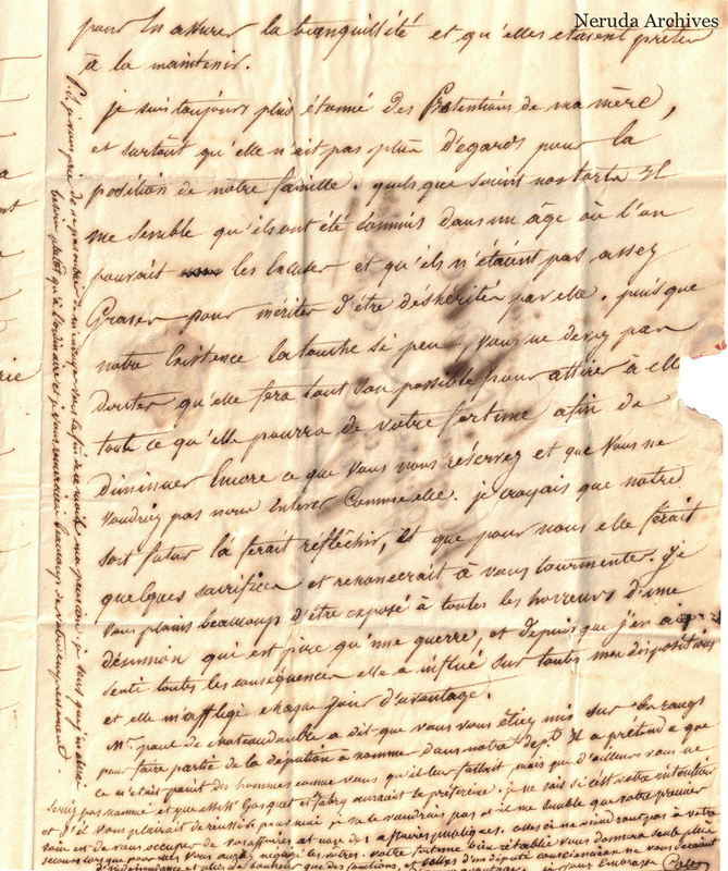NRA-L-000150 image 4 showing the closing page of the French manuscript letter with dense text, an extended lower continuation, a vertical marginal passage, folds and paper losses along the right edge.