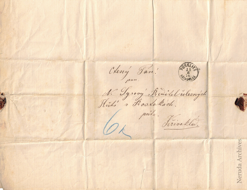 NRA-L-000023 image 2 showing a second view of the addressed exterior, postal mark and seal of Marie Šoulová's 1874 letter.