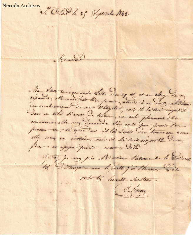 NRA-L-000057 image 2 showing a French letter dated 25 September 1842, with its closing, signature, folds and a clipped lower-right corner.