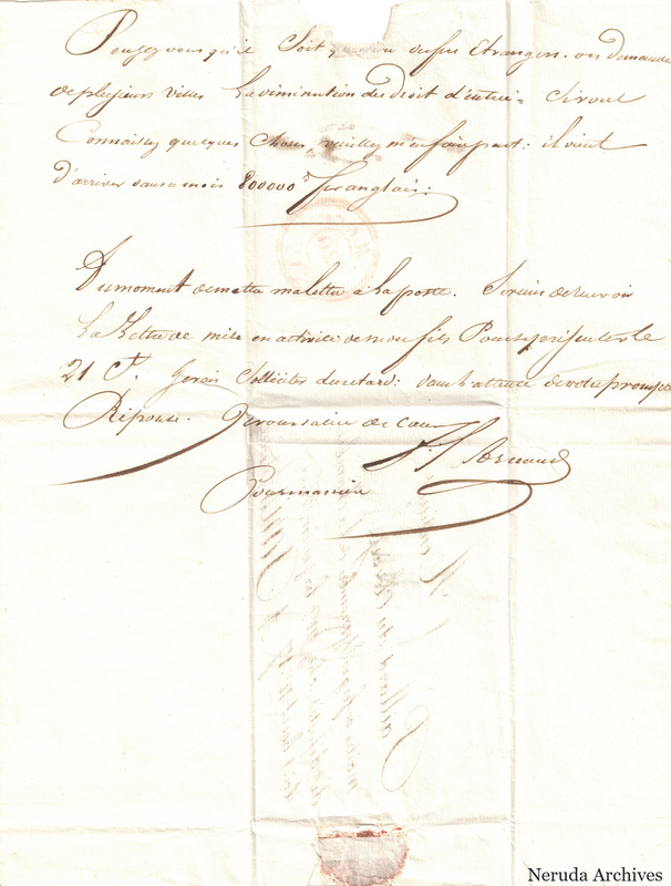 NRA-L-000326 image 4 showing an additional page of the French letter signed by J. Arnaud for his mother, with vertical docketing and a red seal remnant at the lower edge.